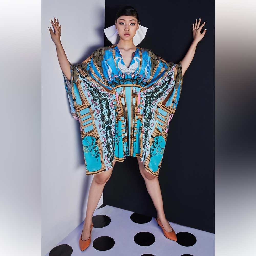Limerick By Abirr N' Nanki 
Blue Crepe V Neck Printed Kaftan Dress